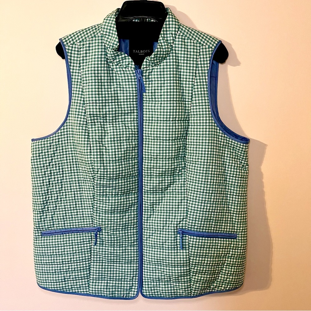 Talbot’s Women’s Gingham Puffer Vest Lightweight Green, White & Blue 2X